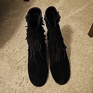 Aerosoles Plumming Bird Black Suede Fringed Boots sz7.5M 3" heel